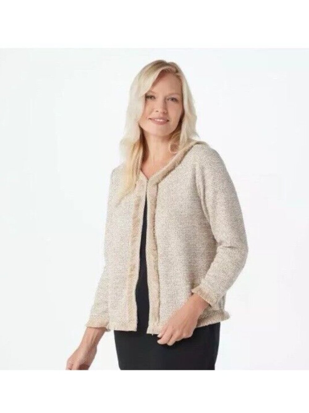 BROOKE SHIELDS Womens Blazer Sz XL Boucle Tweed Jacket 3/4 Sleeve Career Coastal